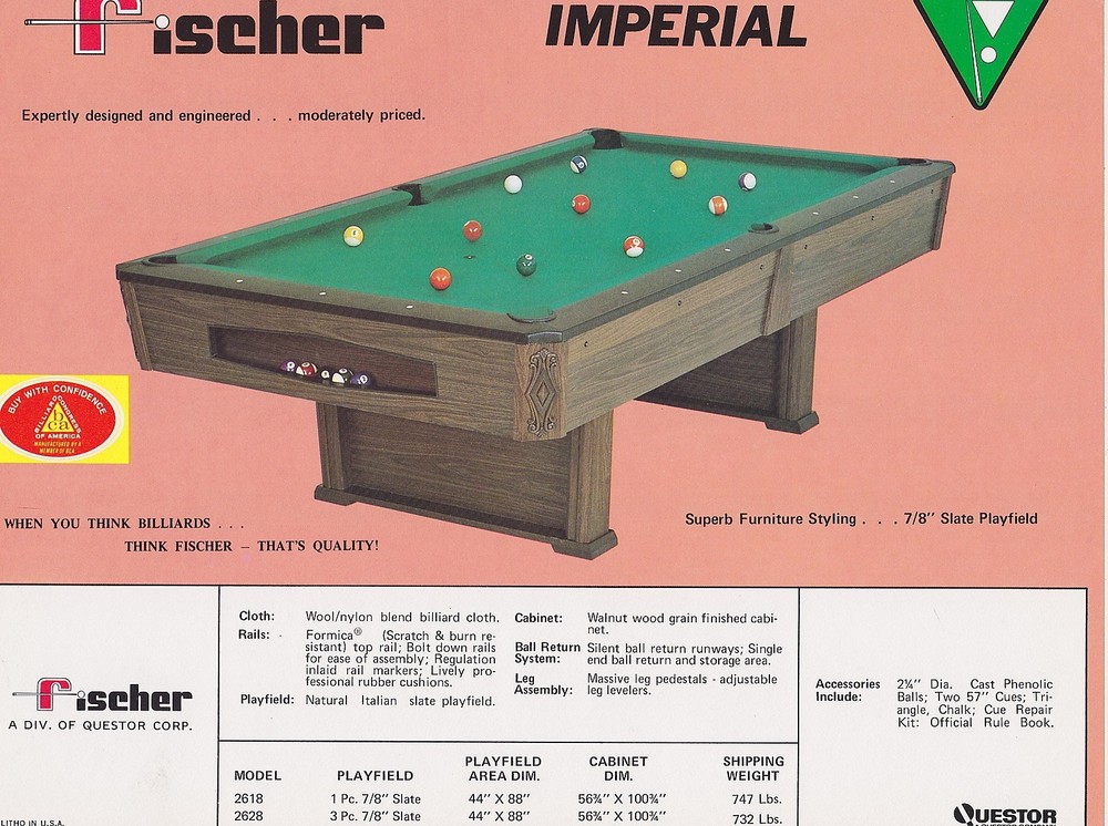 Vintage Fischer Billiards Imperial Pool Table Ad Sheet #1821