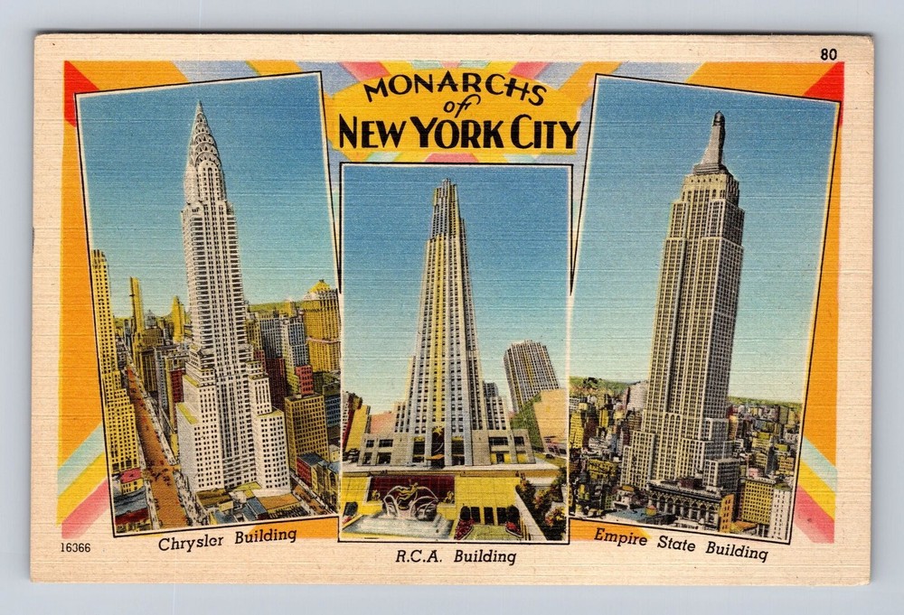 New York City-NY Vintage Postcard featuring Chrysler R.C.A. & Empire State Buildings for collectors and history enthusiasts