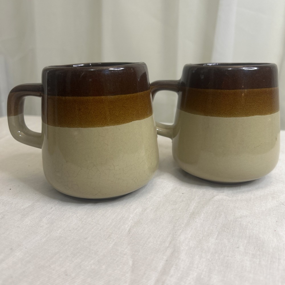 Vintage 1970s Stoneware Coffee Mugs, Brown and Tan Striped Pottery, Dripware