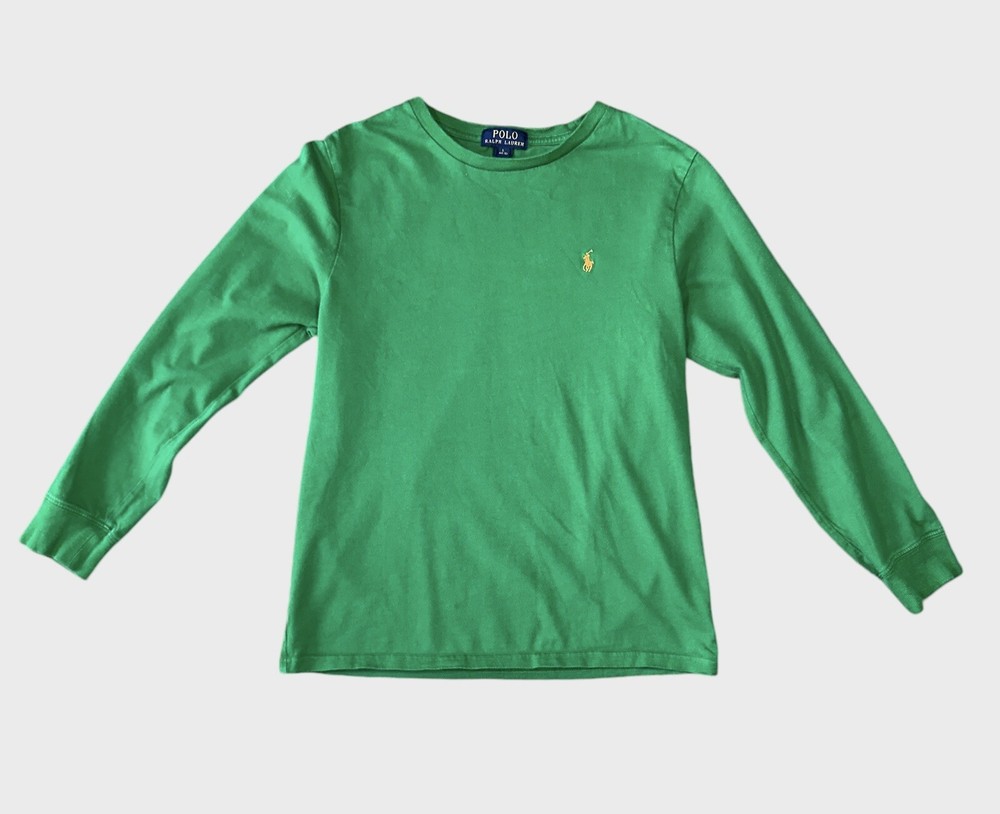 Polo Ralph Lauren Boys Large 14-16 Green Long Sleeve Shirt Orange Pony