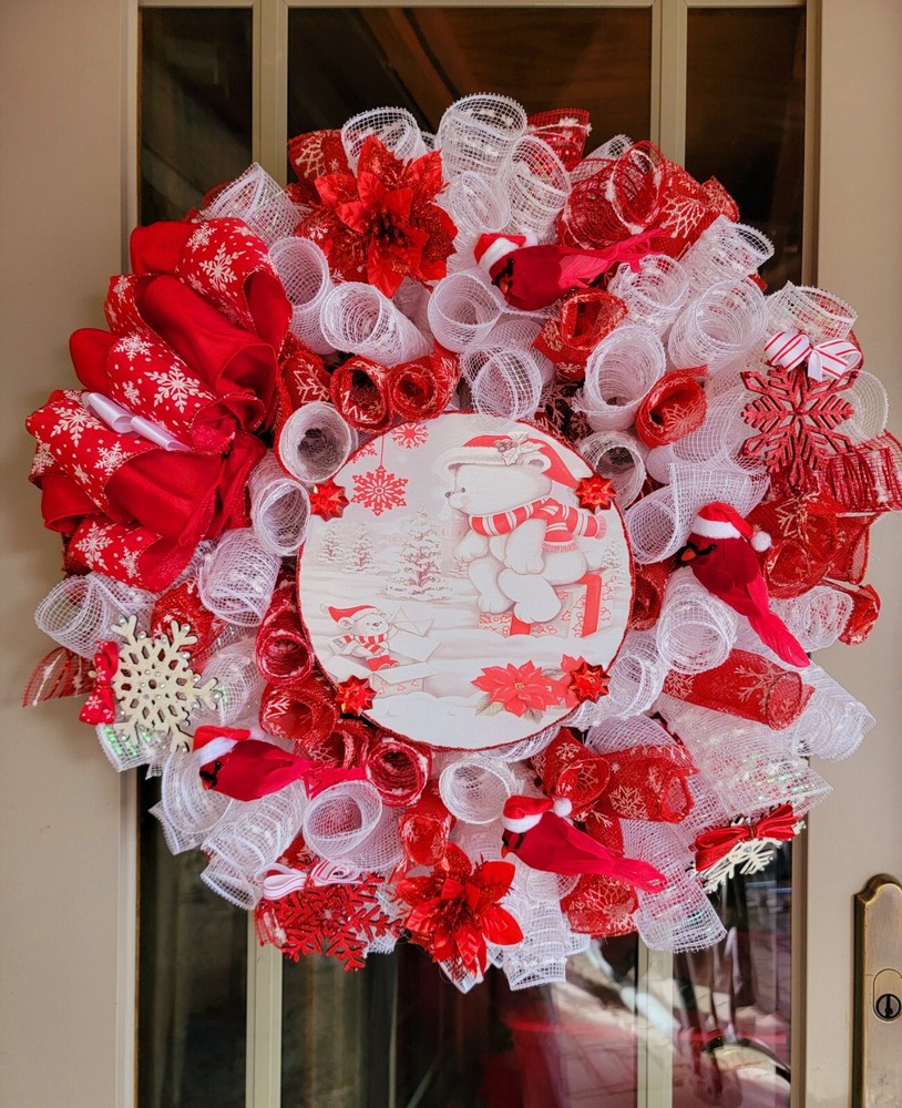 Christmas Deco Mesh Wreath SNOW BEARS Cardinals Super Cute Handmade