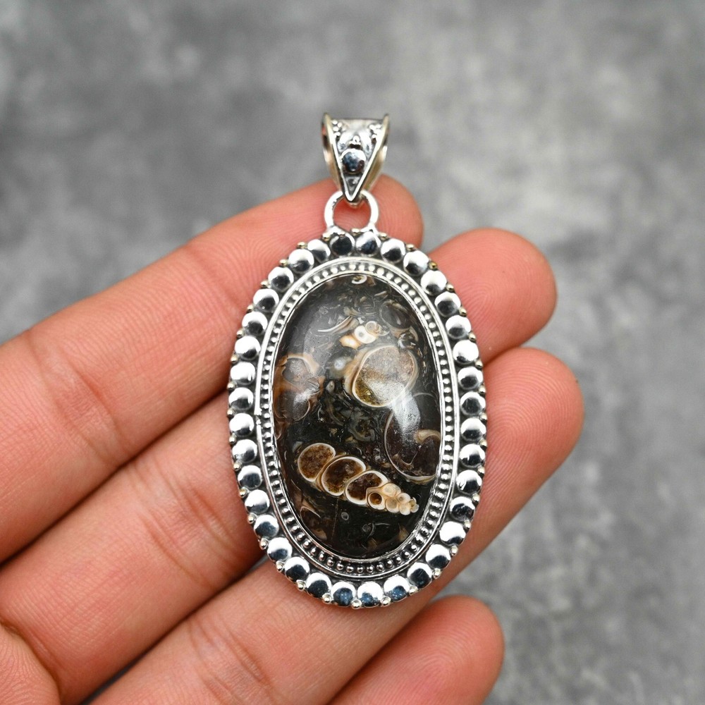 Turritella Fossil Gemstone Pendant in 925 Sterling Silver Handmade Jewelry Love Gift  