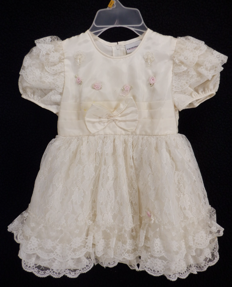 Dress Ivory Cream Satin and Lace Pink Rosettes Size 5 Expressions