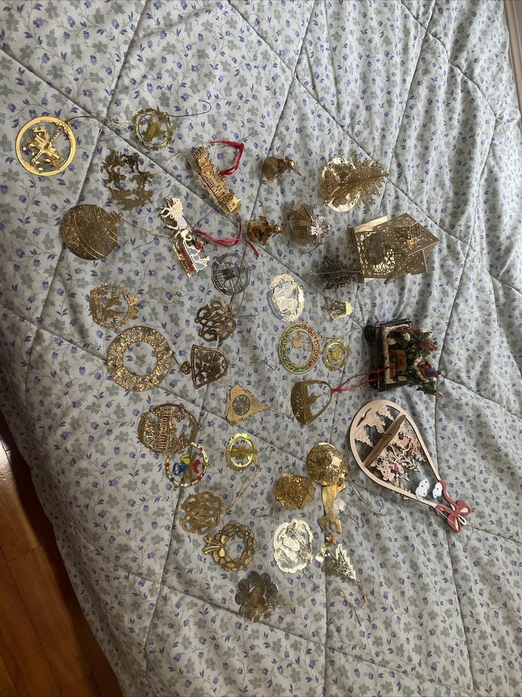 Christmas Gold Plated Ornaments Collection, House & Wooden Santa & Carousel Cart