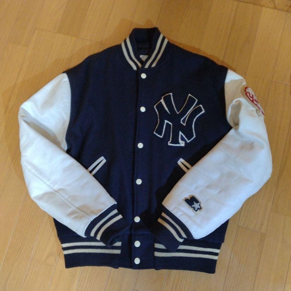 1990 Starter Yankees Stadium Jacket Leather Sleeves Size 40 Men's Pre-owned