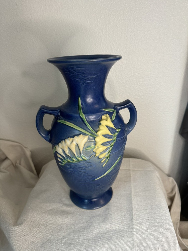 Vintage Roseville Large Art Pottery Freesia Blue Vase  Excellent Condition