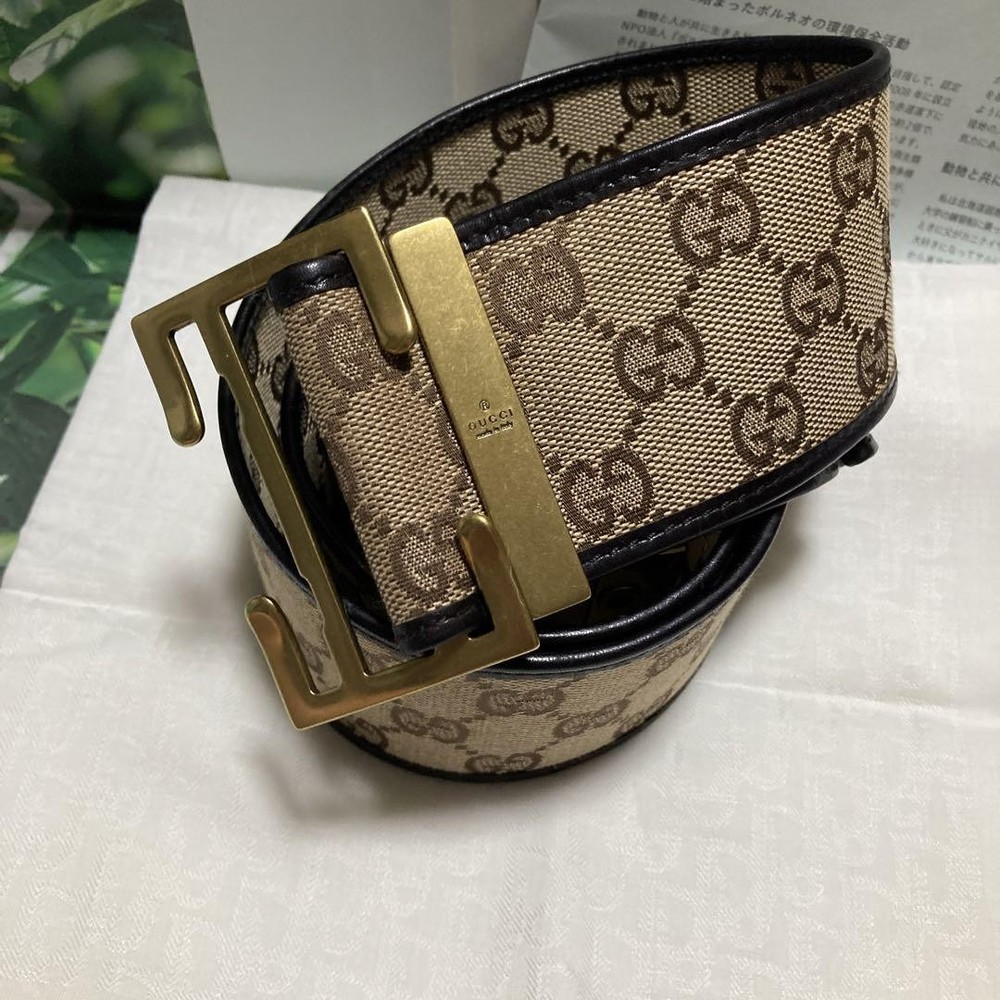 GUCCI GG Canvas Leather Belt in Beige Brown Authentic Designer Import from Japan RIN