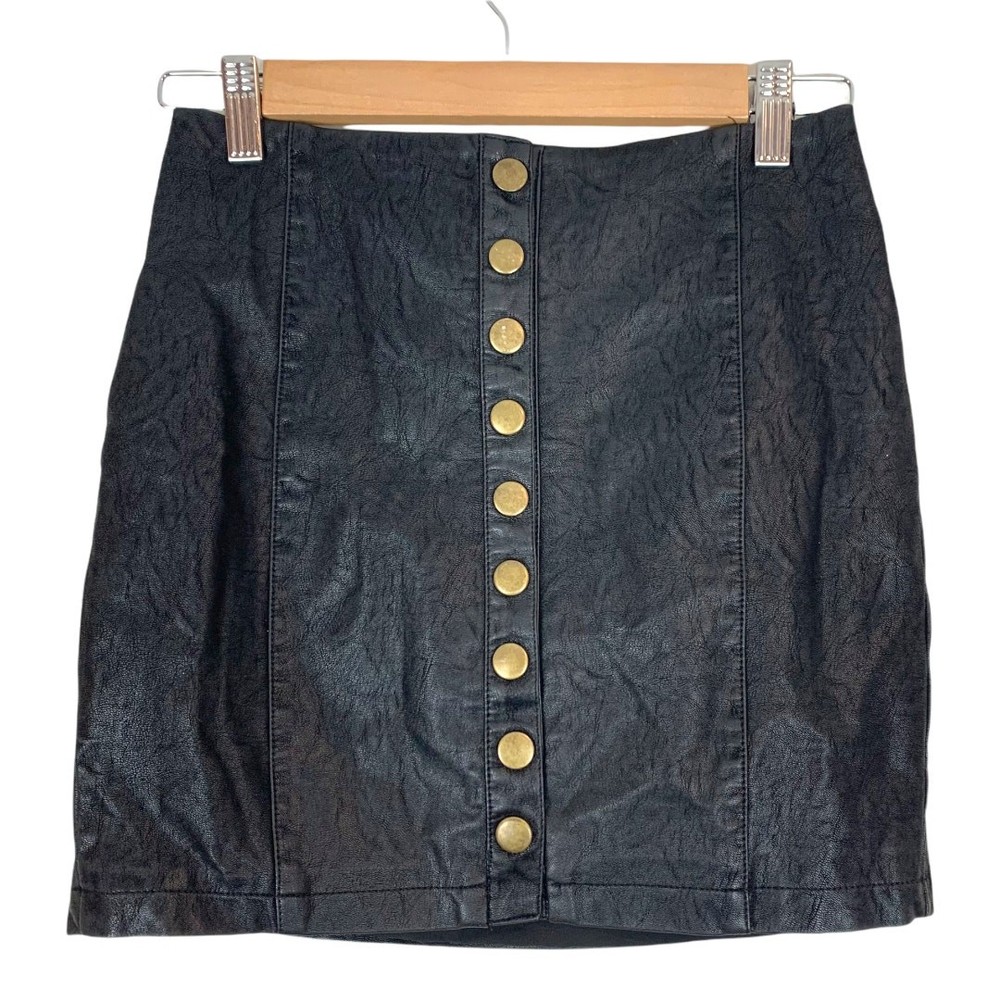 Bishop Young Black Faux Marbled Leather Button Up Mini Skirt in XS