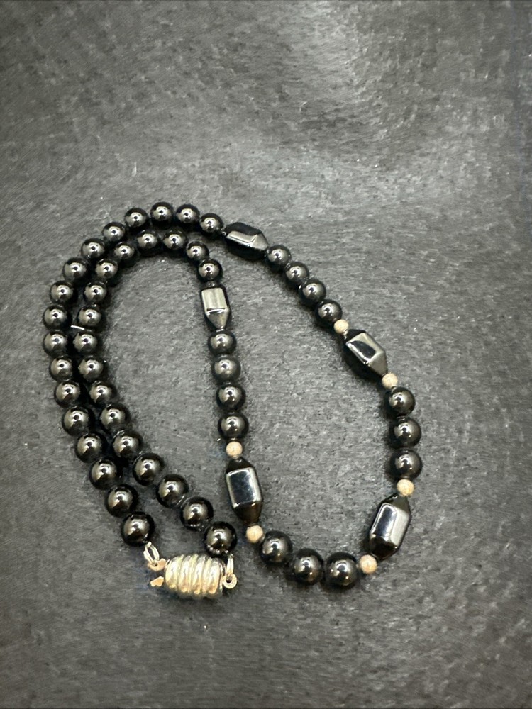 L.D.U Signed Onyx Beaded Necklace with Unique Clasp in 18-Inch Length