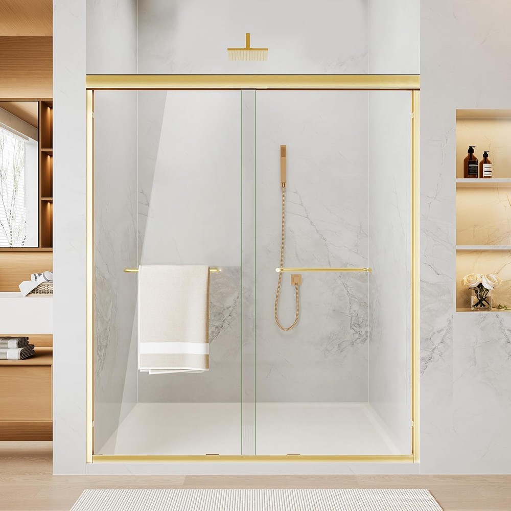 Durable Brushed Gold Shower Glass Doors 60''W x 72''H Sliding Door For Bathroom
