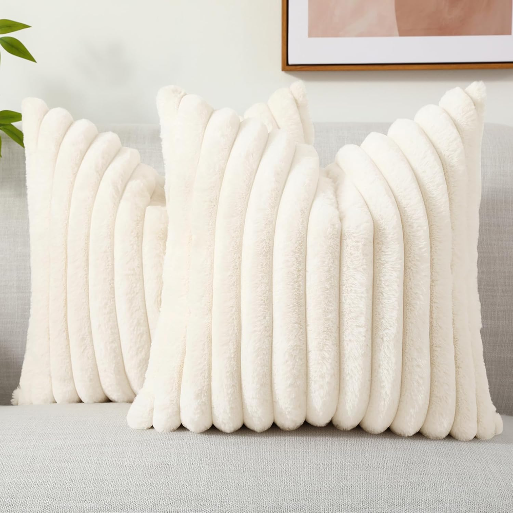 18x18 Faux Fur Spring Throw Pillow Covers Set of 2 Soft Plush Stripe Decorative