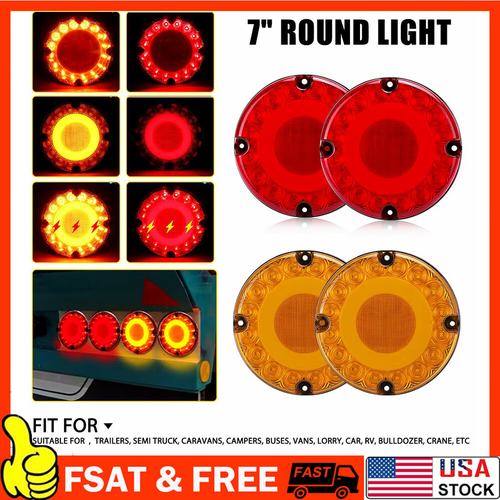 7'' Round Red+Amber LED Truck Trailer Bus Brake Stop Turn Signal Tail Light DRL