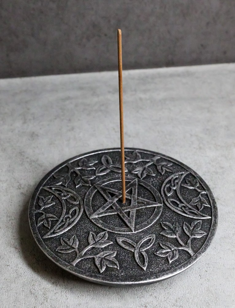 Wicca Triple Moon Triskele Goddess Pentagram Round Incense Holder Figurine