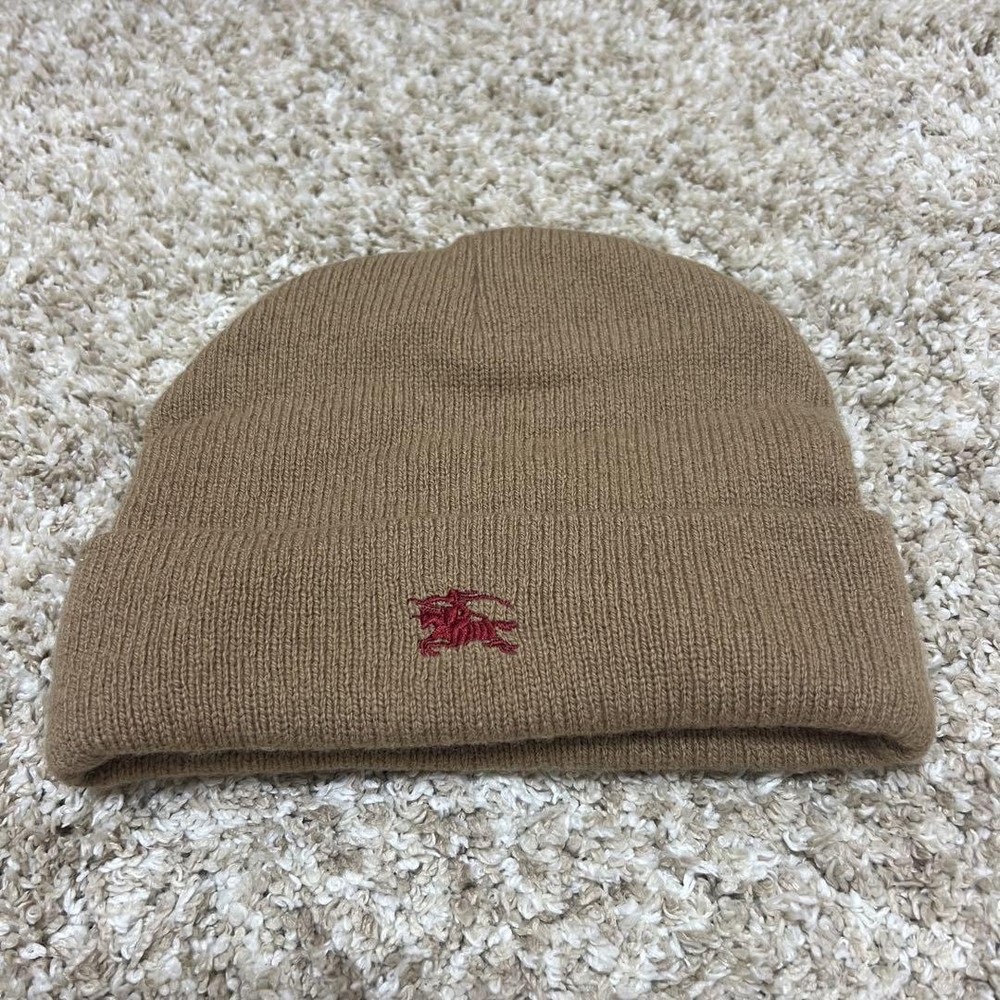 Burberry Beanie Cap Wool Knit Beige Embroidered Logo 45cm New
