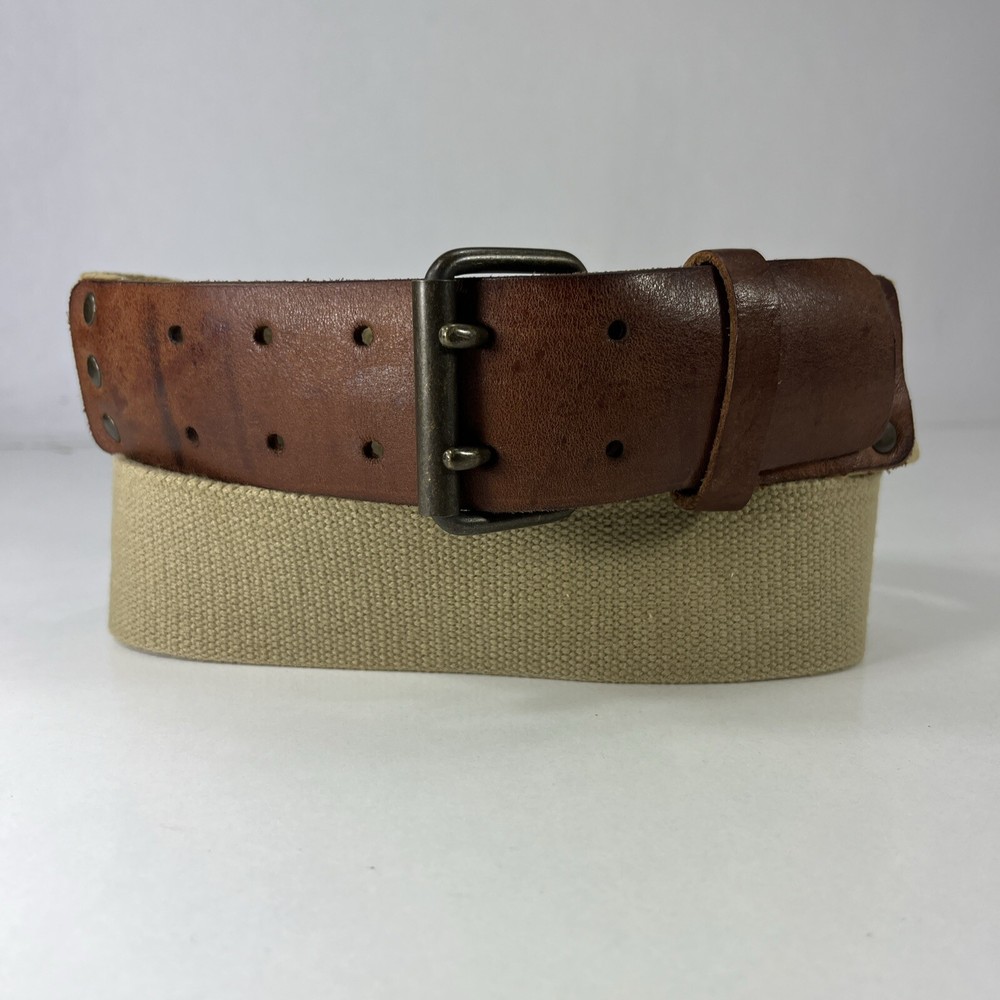 Aeropostale A87 Wide Beige Web & Brown Leather Belt - Women's Size 36