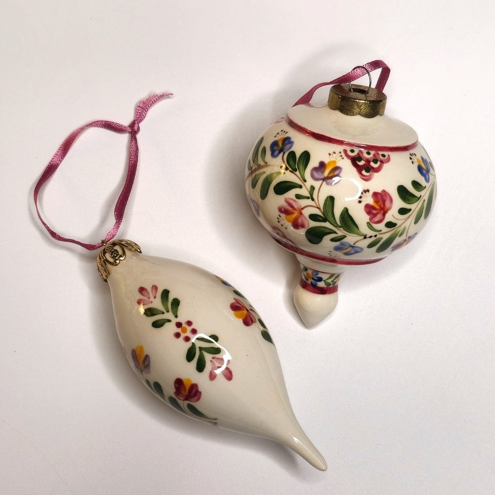 Vintage European Hand-Painted Porcelain Floral Christmas Ornaments Set of 2