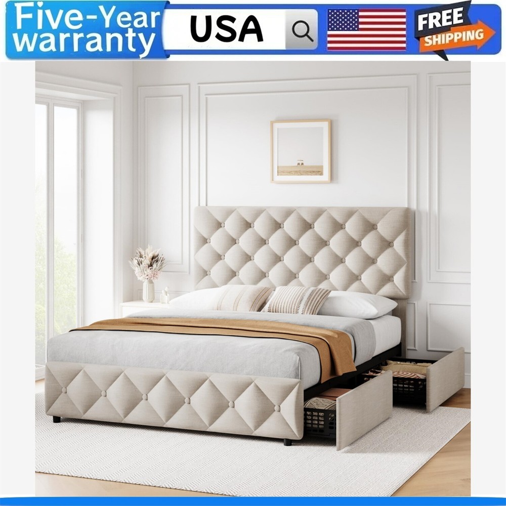 ✔️Full Size Bed Frame with 4 Storage Drawers and Headboard Upholstered Platform