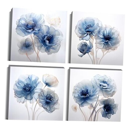 Wall HDQ Blue Flower Wall Art for Bathroom 12 x 12 in (4 Piece) White and Blue1
