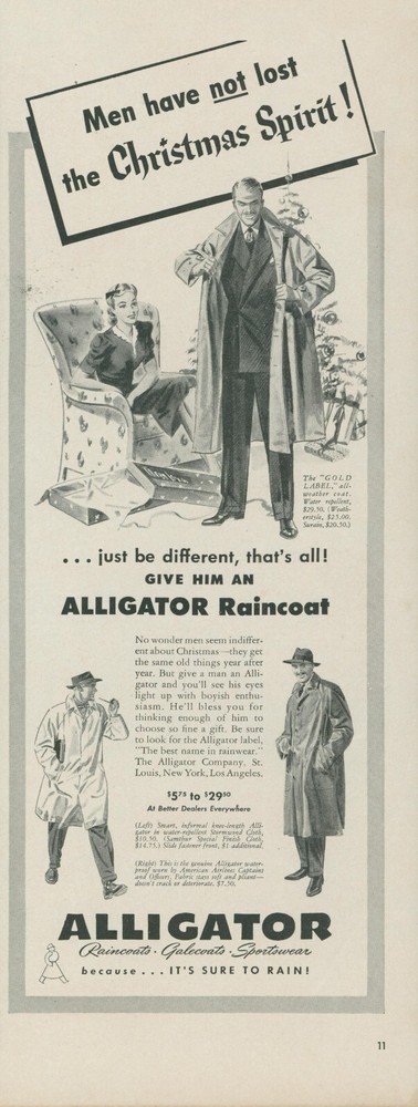 1941 Alligator Raincoat Christmas Spirit Tree Galecoat Box Vintage Print Ad L9