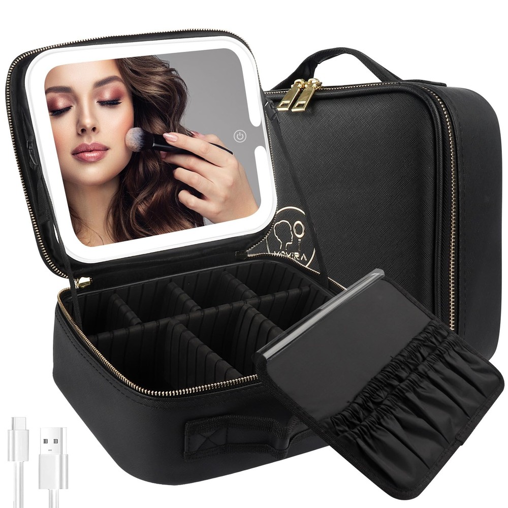 Lighted Travel Makeup Bag with Large Mirror & 3 Compartments