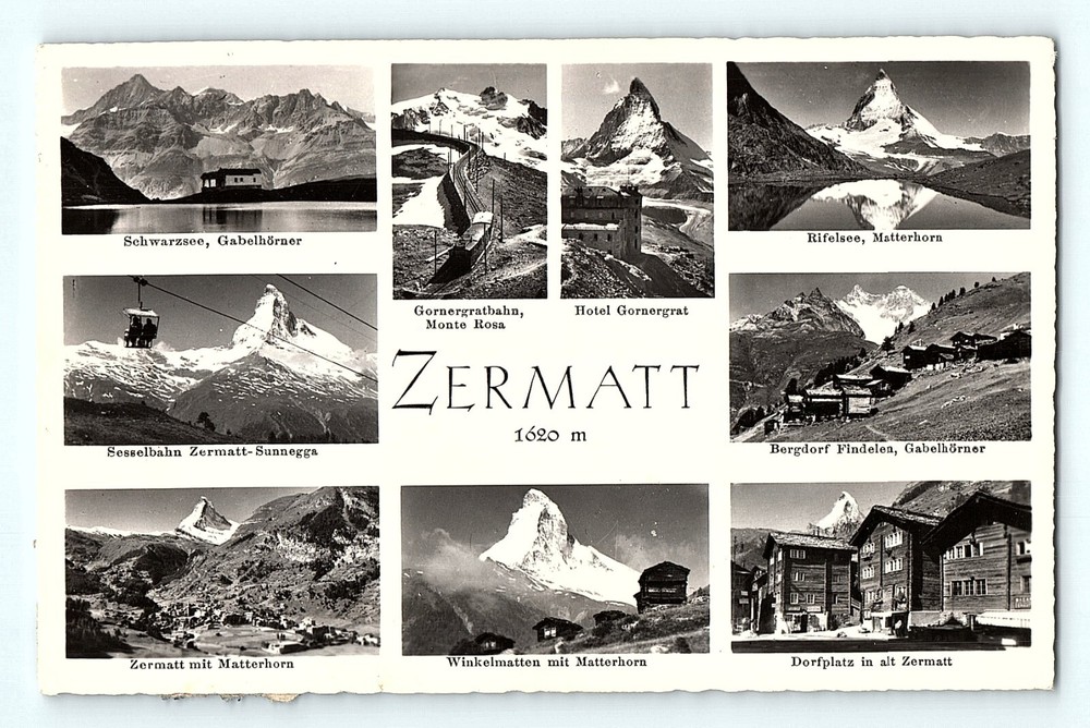 Zermatt 9 Switzerland Mountains Matterhorn Photos Black White RPPC Postcard E7