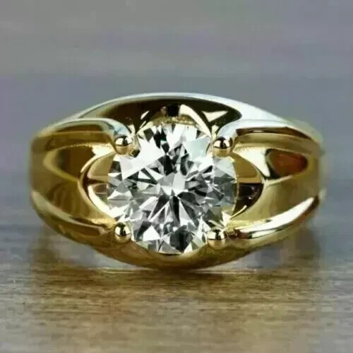 3Ct Round Certified Moissanite Engagement Dome Ring 14k Yellow Gold Over Silver