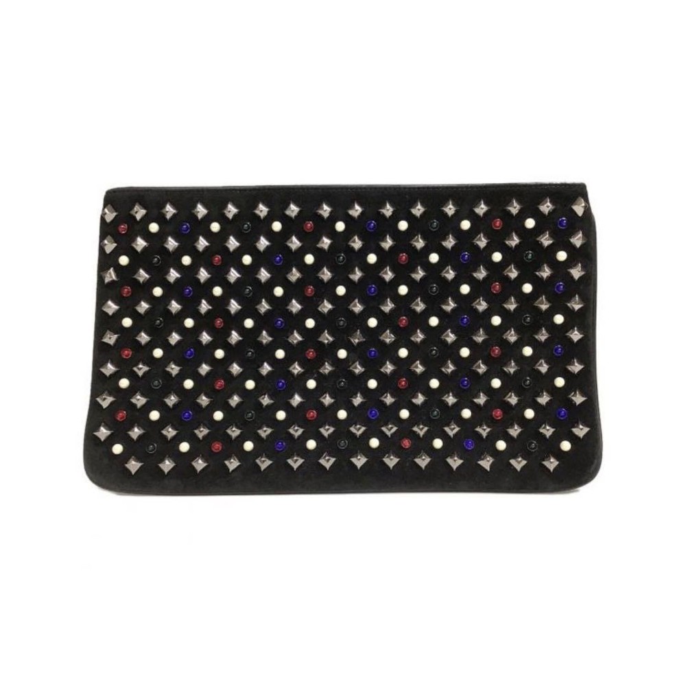 Louboutin Black Studded Glam Clutch with Signature Red Sole