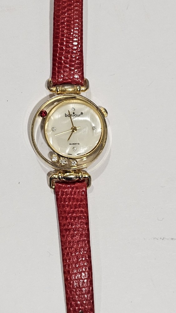 Quartz Floating Red & White Rhinestone Christmas Red Watch Red Leather Band/E