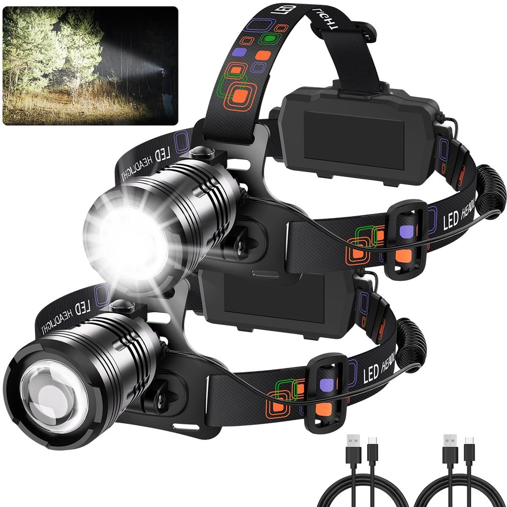 Headlamp Rechargeable 2Pack, 990000LM Super Bright Head Lamp, Adjustable Focu...