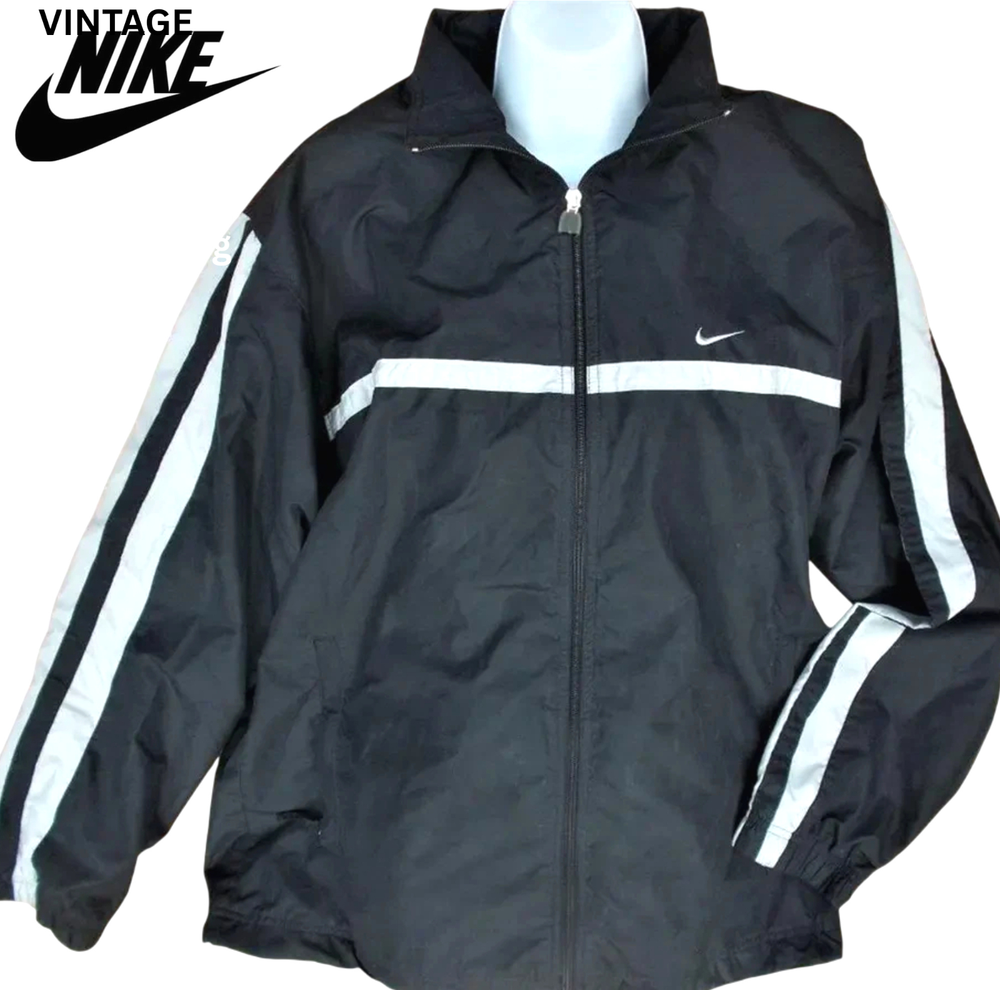 VINTAGE NIKE Windbreaker JACKET Lined Full Zip AUTHENIIC Men's Reg L Black /Gray