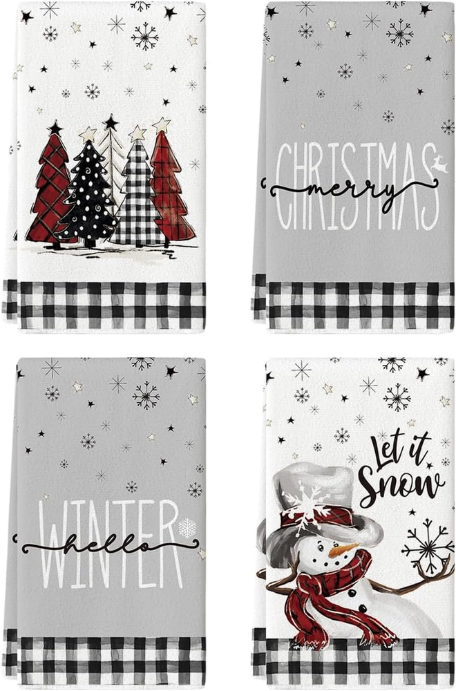Black White Buffalo Plaid Snowman Xmas Trees Christmas Kitchen Towels Dish Towel