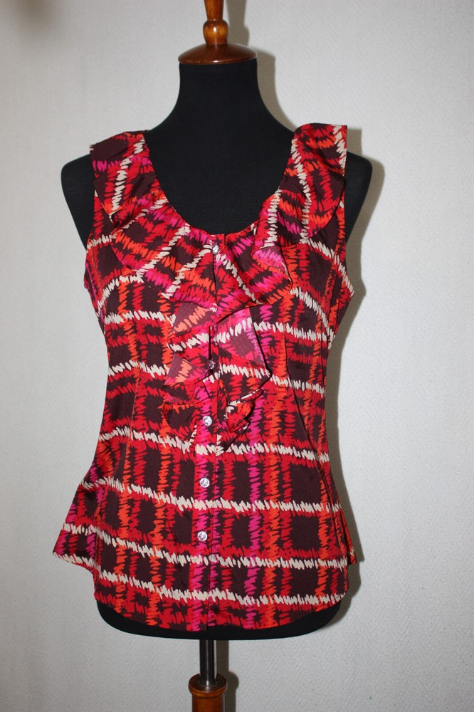 Banana Republic Sz S Lightweight Top Red Art Sleeveless Button Front Ruffled