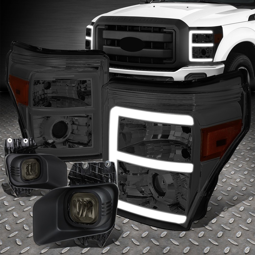 Smoked LED DRL Projector Headlights + Tinted Fog Lamps for 11-16 F250-F550