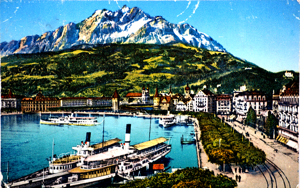 Colorized Postcard Aerial View of Lucerne Schweizerhofquai Luzern Switzerland