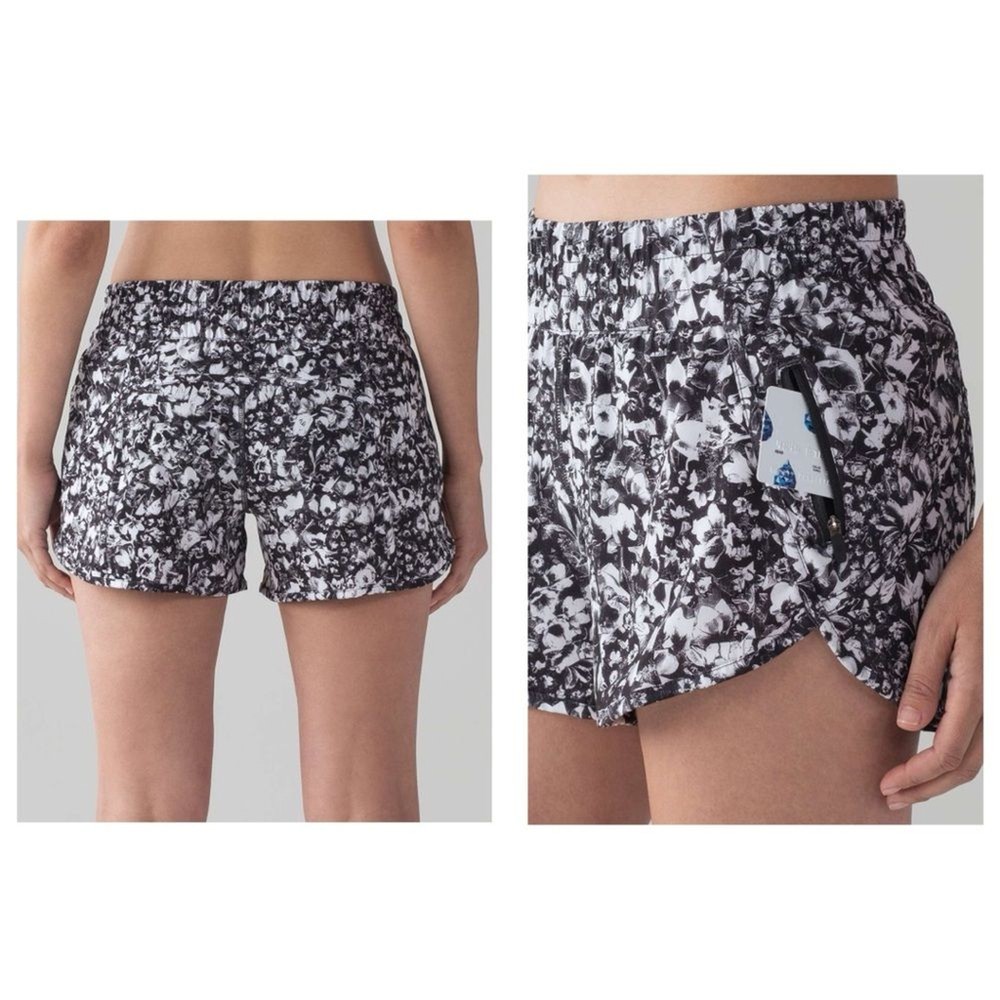 Lululemon Tracker Black White Floral 4 Inch Inseam Shorts with Built-In Brief Size 12