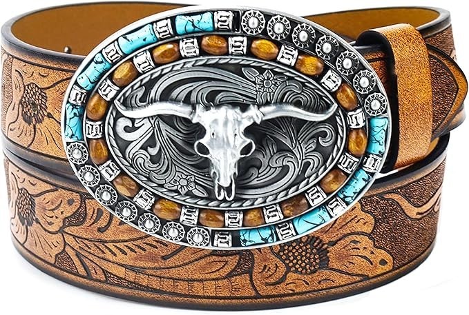 Cowboy-Leather-Belts for Women Turquoise-Oval-Buckle Embossed Cowgirl Belt