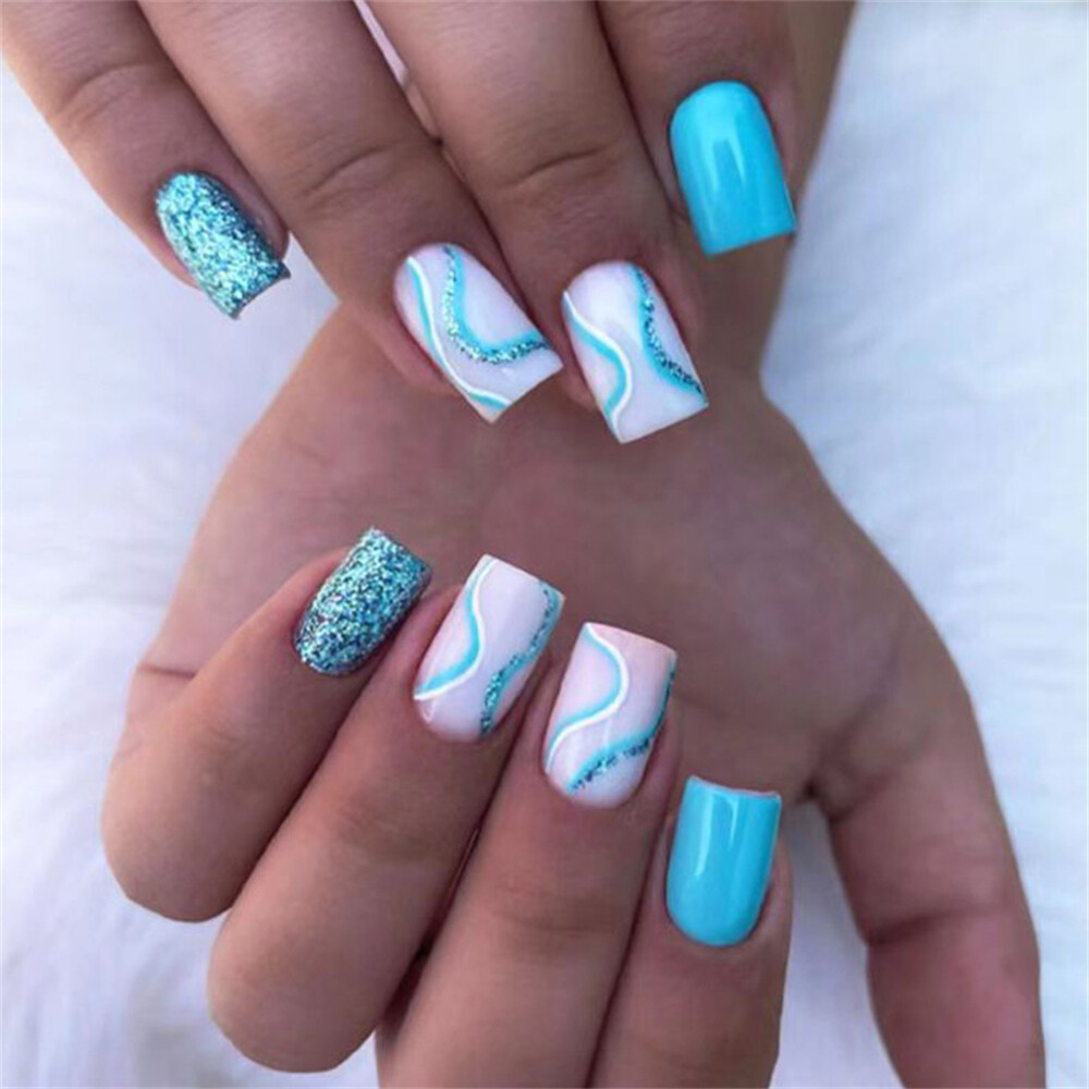 Blue Waves Winter Short Square Press-On Nails 24pcs for Nail Art