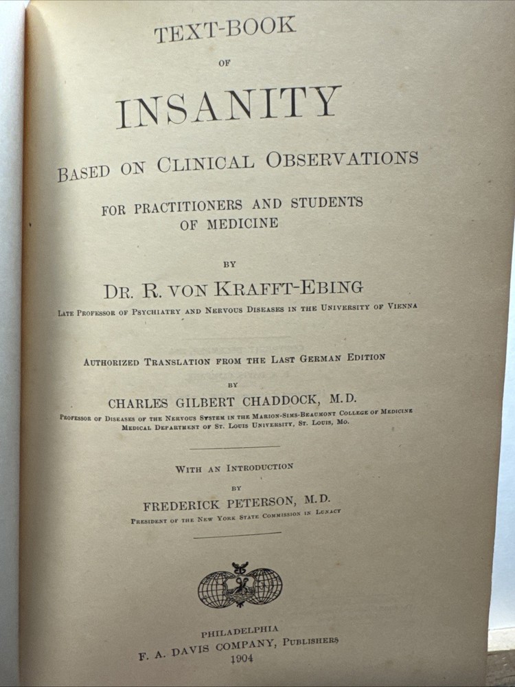 Text-Book of Insanity - 1904 - Krafft-Ebing - Hardcover Antique