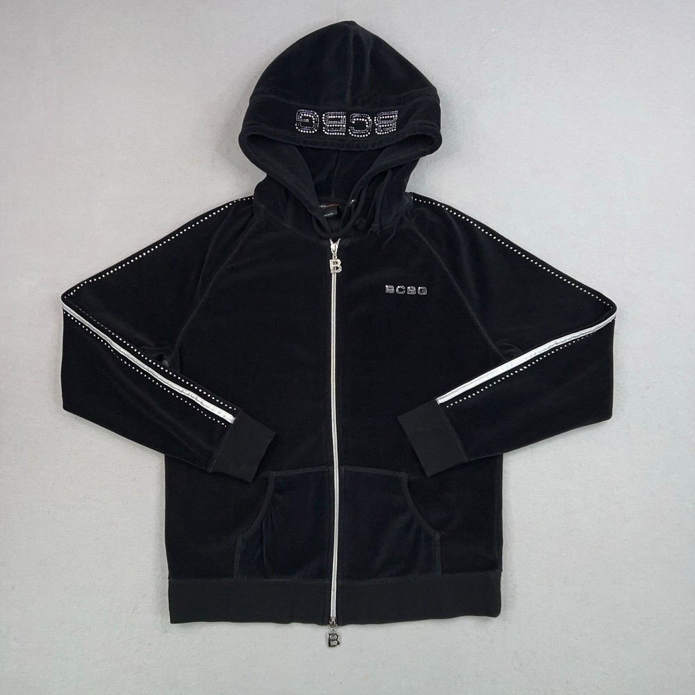 BCBGMAXAZRIA Jacket Womens Medium Black Velour Hoodie Bling Track Sweater Y2K