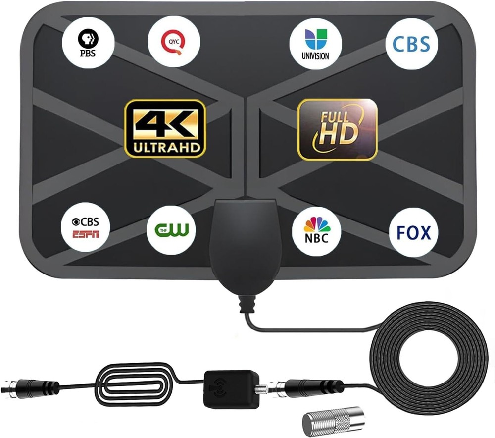 Indoor Digital TV Antenna 1080p 2K 4K with Amplified Coax Cable and AC Adapter