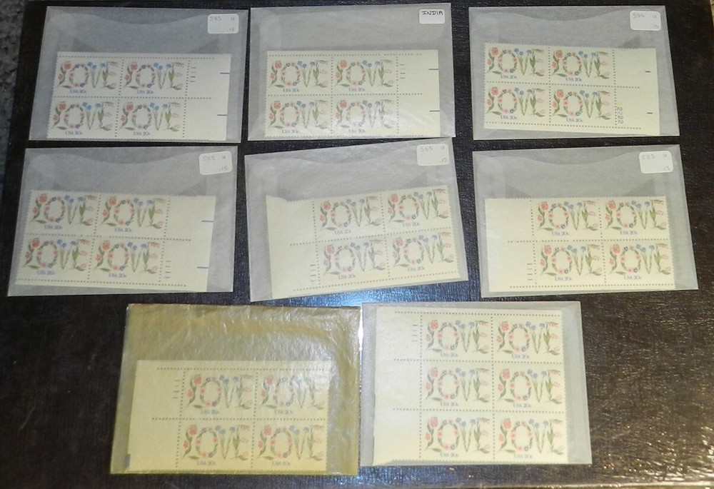Unused Stamp lot of 8 Scott #1951 LOVE 20c Plate Block
