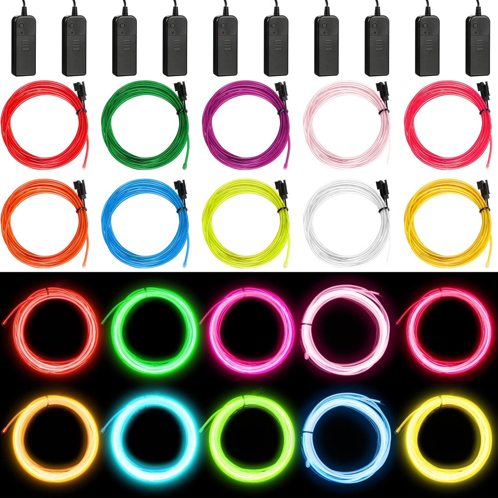 15 Pack 10ft Neon Light El Wire Portable Cuttable Neon Glowing Battery Powere...