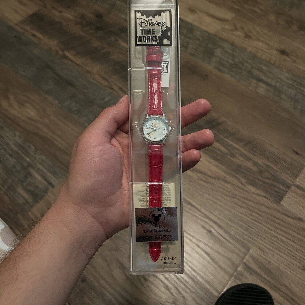 WALT DISNEY TINKERBELL TIME WORKS RED WATCH BAND NEW in Factory Case.