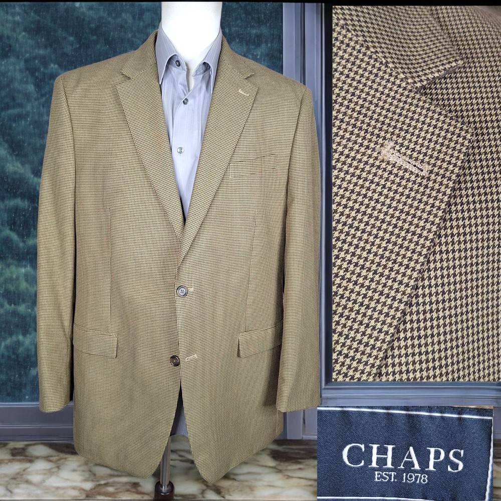 Chaps Sport Coat Jacket Mens 44L Beige Houndstooth Single Vented