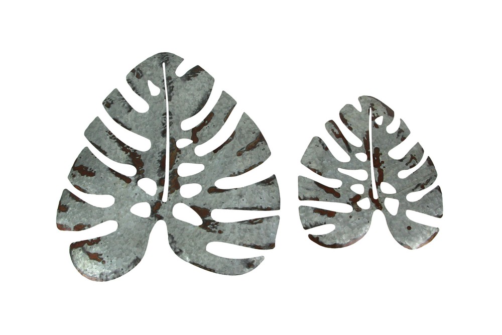 Set of 2 Galvanized Zinc Finish Metal Monstera Leaf Sculptures Wall Hangings