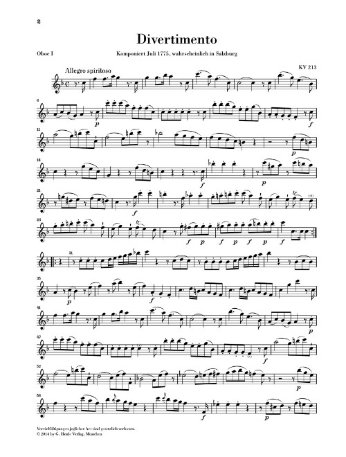 Wolfgang Amadeus Mozart Divertimenti for 2 Oboes, 2 Horns and 2 Bassoons Parts