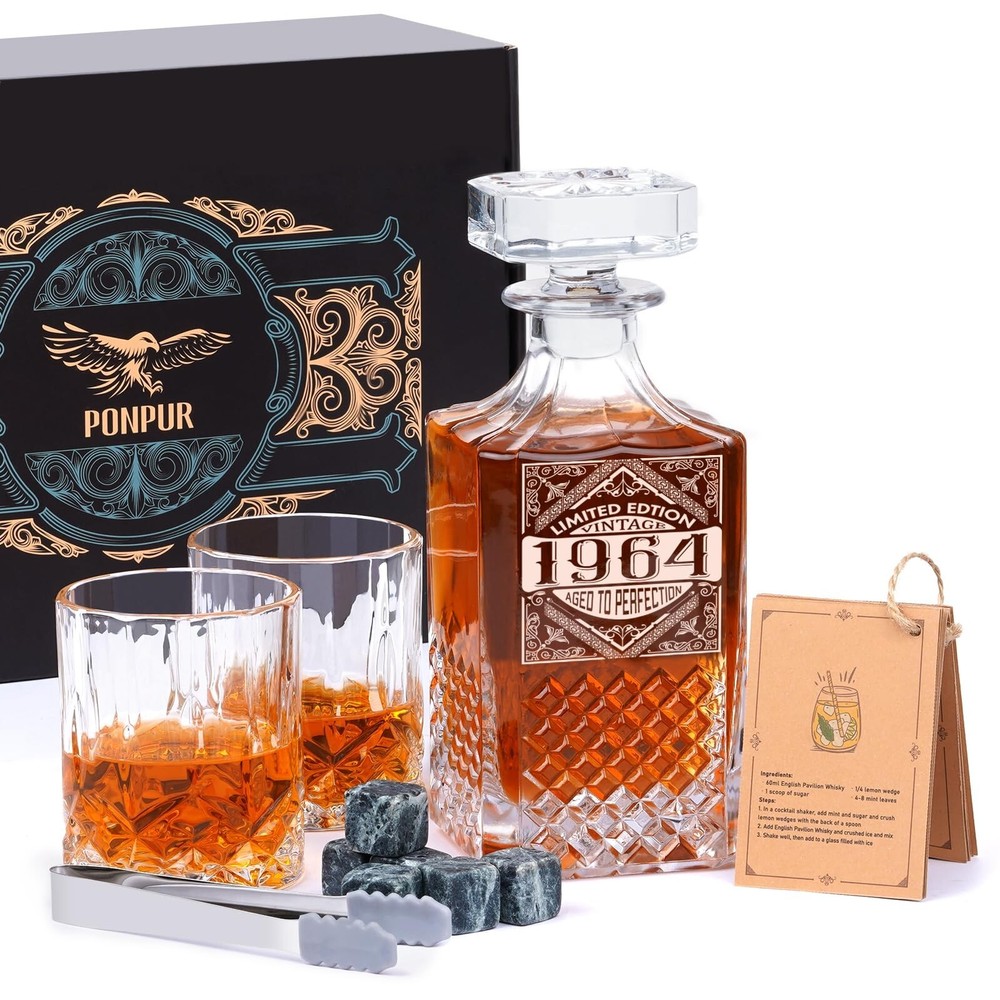 60th Birthday Whiskey Decanter Set for 1964 Men or Dad - Personalized Laser Engraved Gift