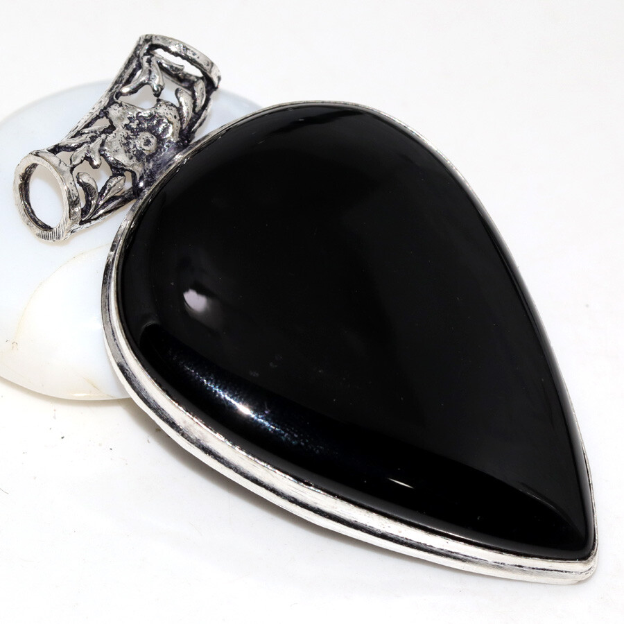 Massive Black Onyx 925 Silver Plated Pendant Necklace Valentine Jewelry Gift 2.1 Inch