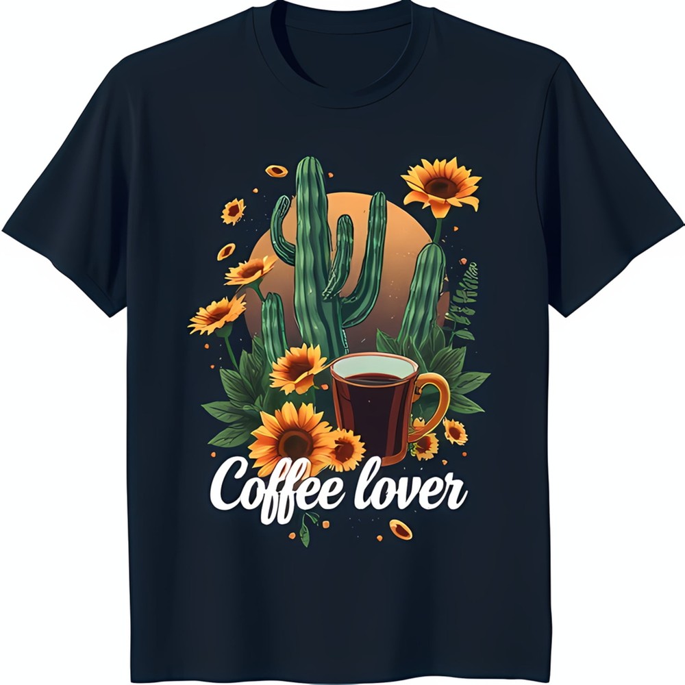 Whimsical Cactus & Sunflowers Coffee Lover Black T-Shirt for Nature Fans
