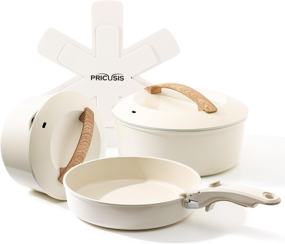 Ceramic Pots and Pans Set with Detachable Handle, 8 pcs, Cream White